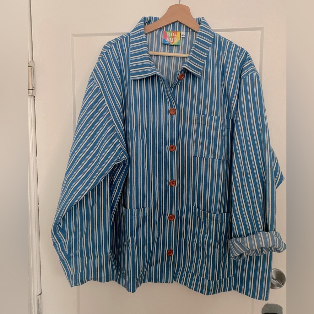 Blue and white striped chore coat shacket jacket patch pocket denim jacket clown
